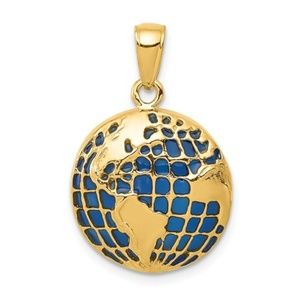 14k Yellow Gold Blue Enameled Globe Necklace Charm Pendant 16.5mm dia. x 24.5mm